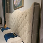 Cream Quilted Upholstered Bed with Patterned Stitching & Gold Stainless Steel Accents